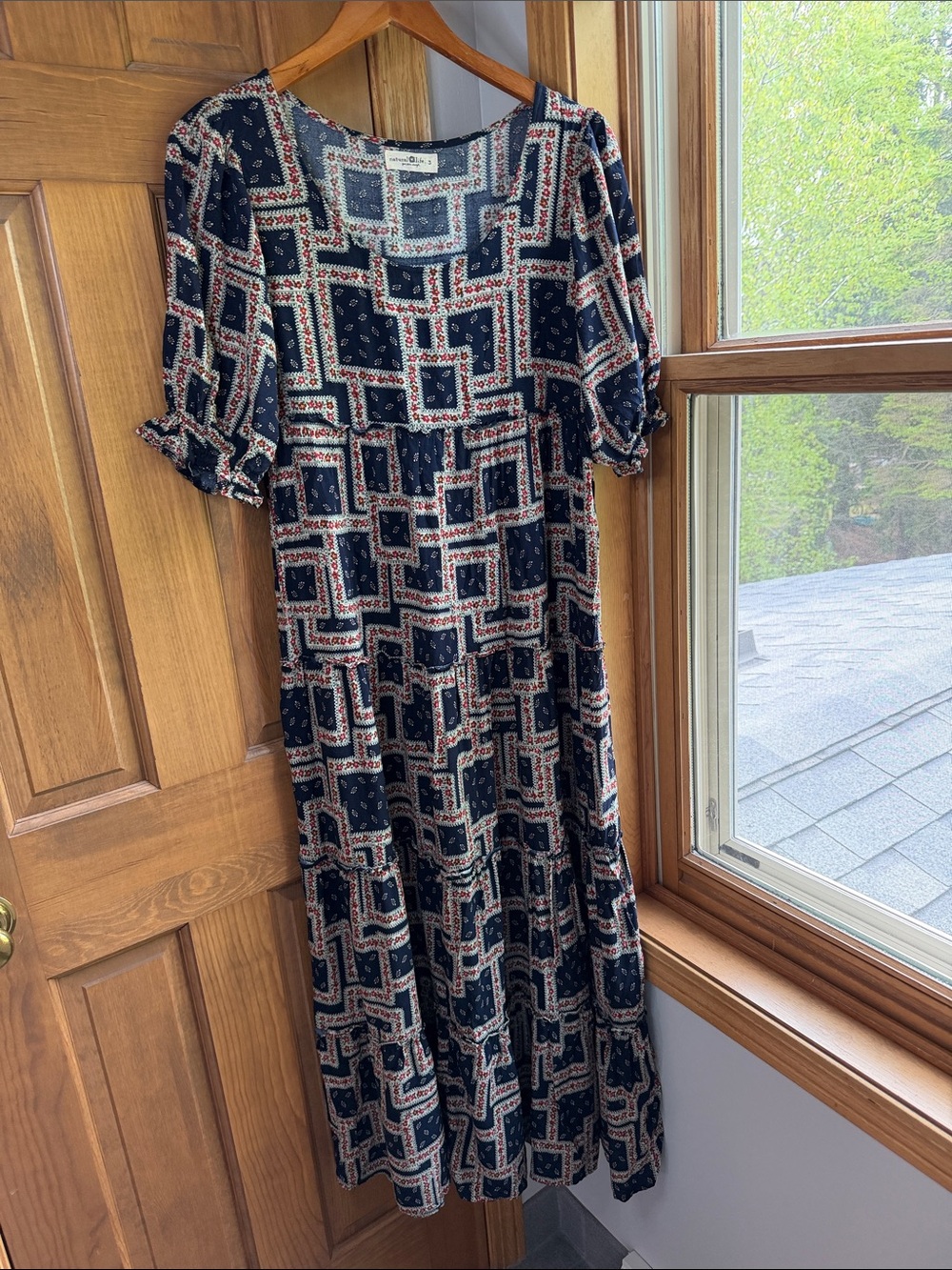 Natural Life Bohemian Square-Print Tiered Navy Patchwork Maxi Dress Sz Small